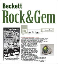 A section of a magazine page titled 'Beckett Rock & Gem' featuring advertisements and articles about jewelry, beads, and gemstone fair events.