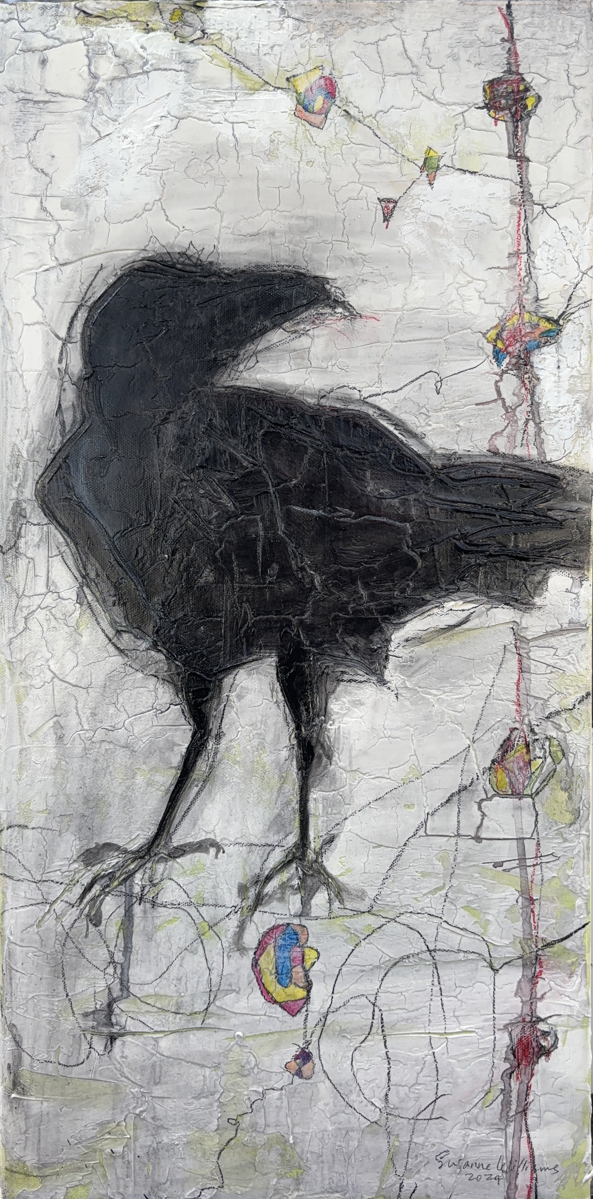 Susanne Williams | Crow/Raven #1, 2024 | 24 x 12 x 1.5 inches | Acrylic, graphite, modeling medium on canvas