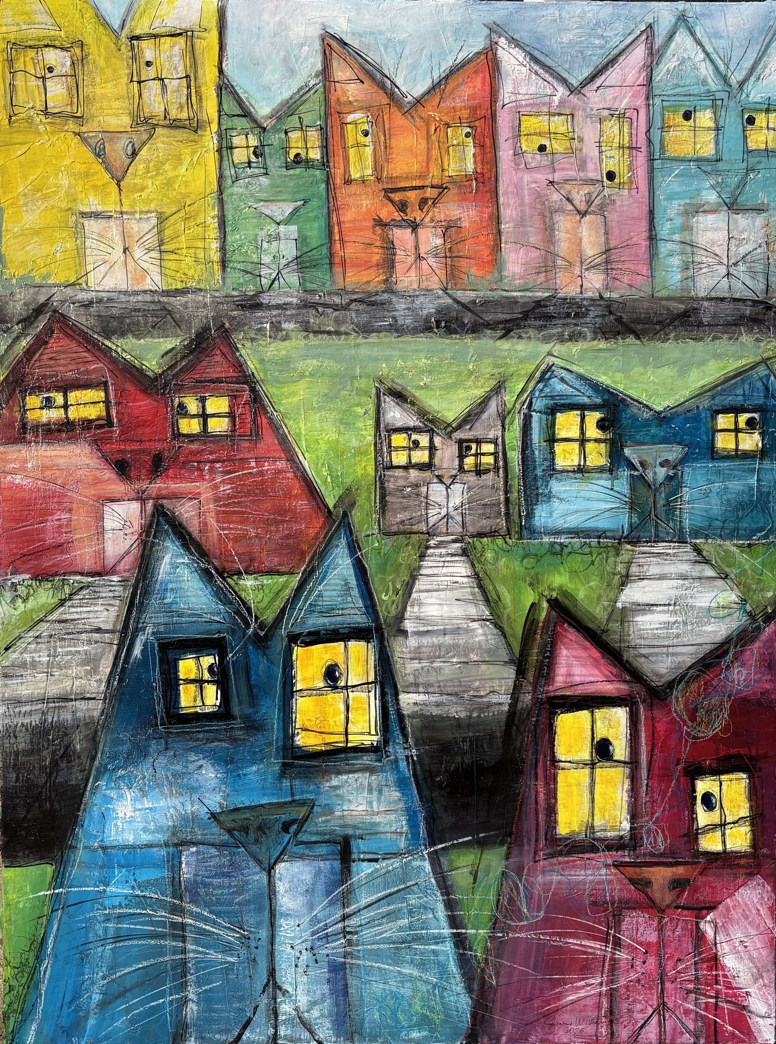 Susanne Williams | House Cats, 2025 | 40 x 30 x 1.5 inches | Acrylic, graphite, colored pencil, ink, modeling medium on canvas
