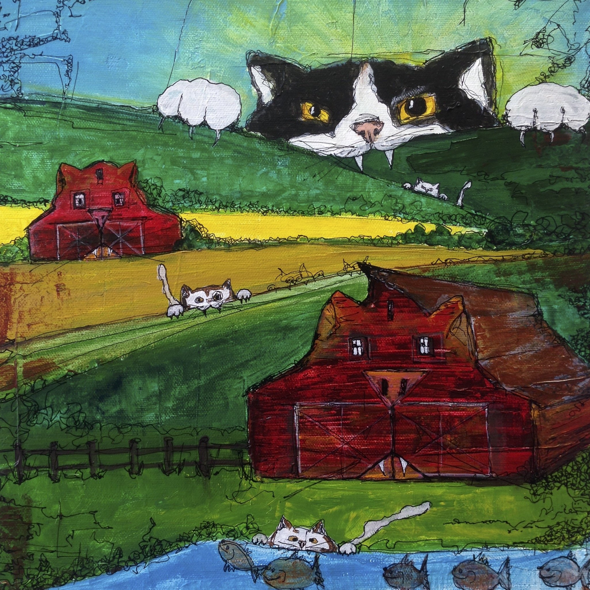 Susanne Williams | Barn Cats, 2013 | 12 x 12 x 0.75 inches | Acrylic and ink on canvas