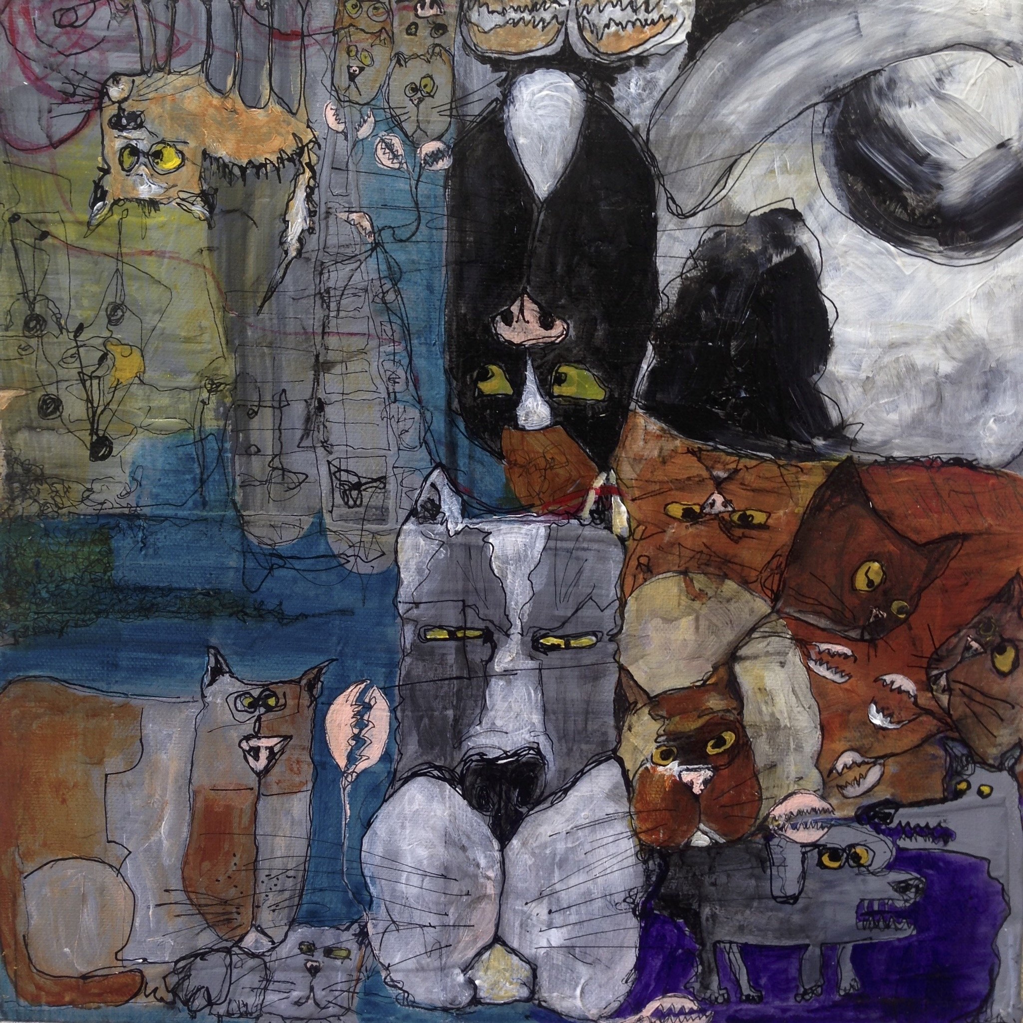 Susanne Williams | Crabby Cats, 2013 | 12 x 12 x 0.75 inches | Acrylic and ink on canvas