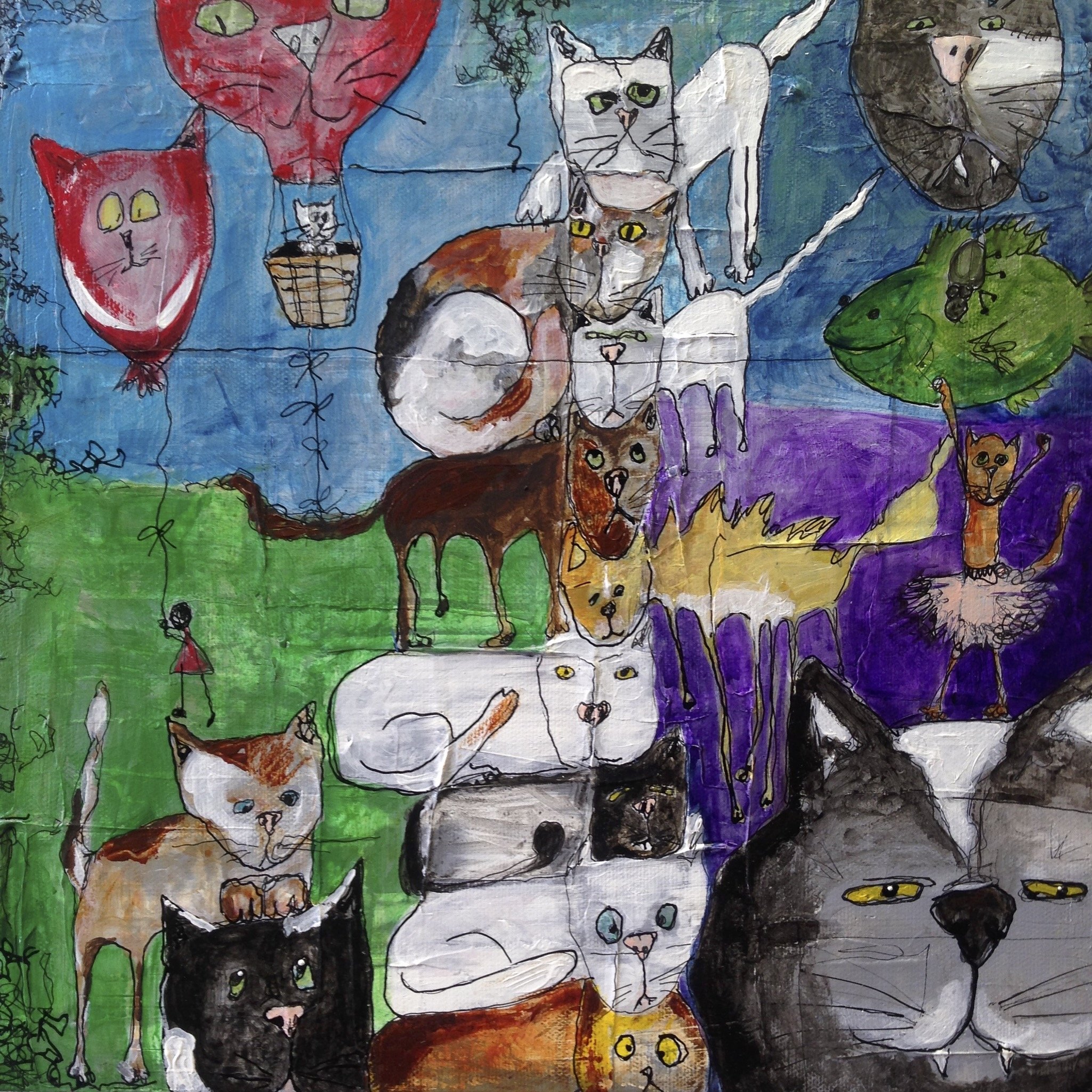 Susanne Williams | Cat Pile, 2013 | 12 x 12 x 0.75 inches | Acrylic and ink on canvas