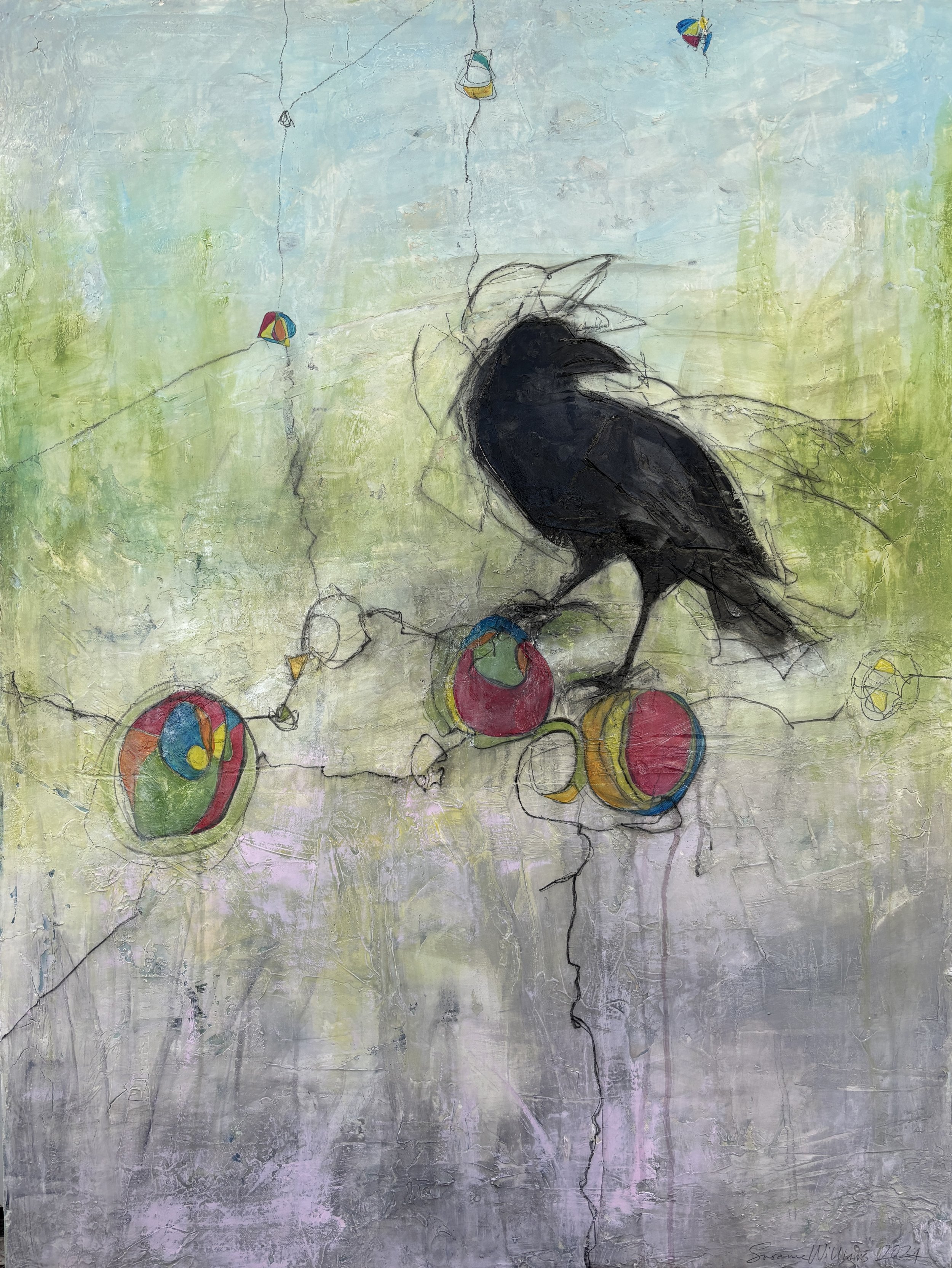 Susanne Williams | Crow/Raven with Three Balls, 2024 | 40 x 30 x 1.5 inches | Acrylic, graphite, plaster, acrylic medium on canvas