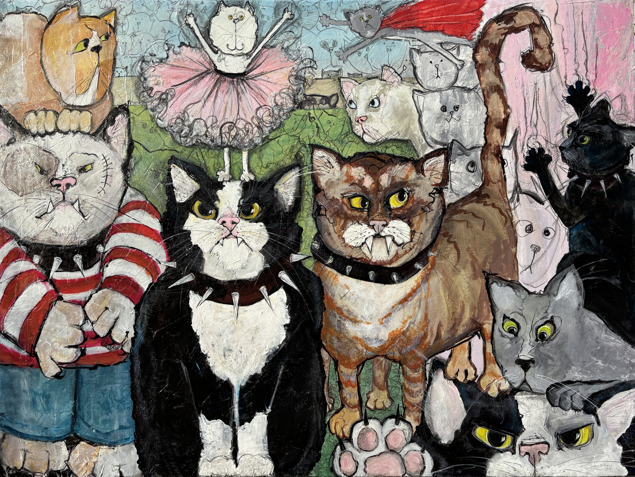 Susanne Williams | Family Reunion, 2025 | 30 x 40 x 1.5 inches | Acrylic, colored pencil, ink, modeling medium on canvas