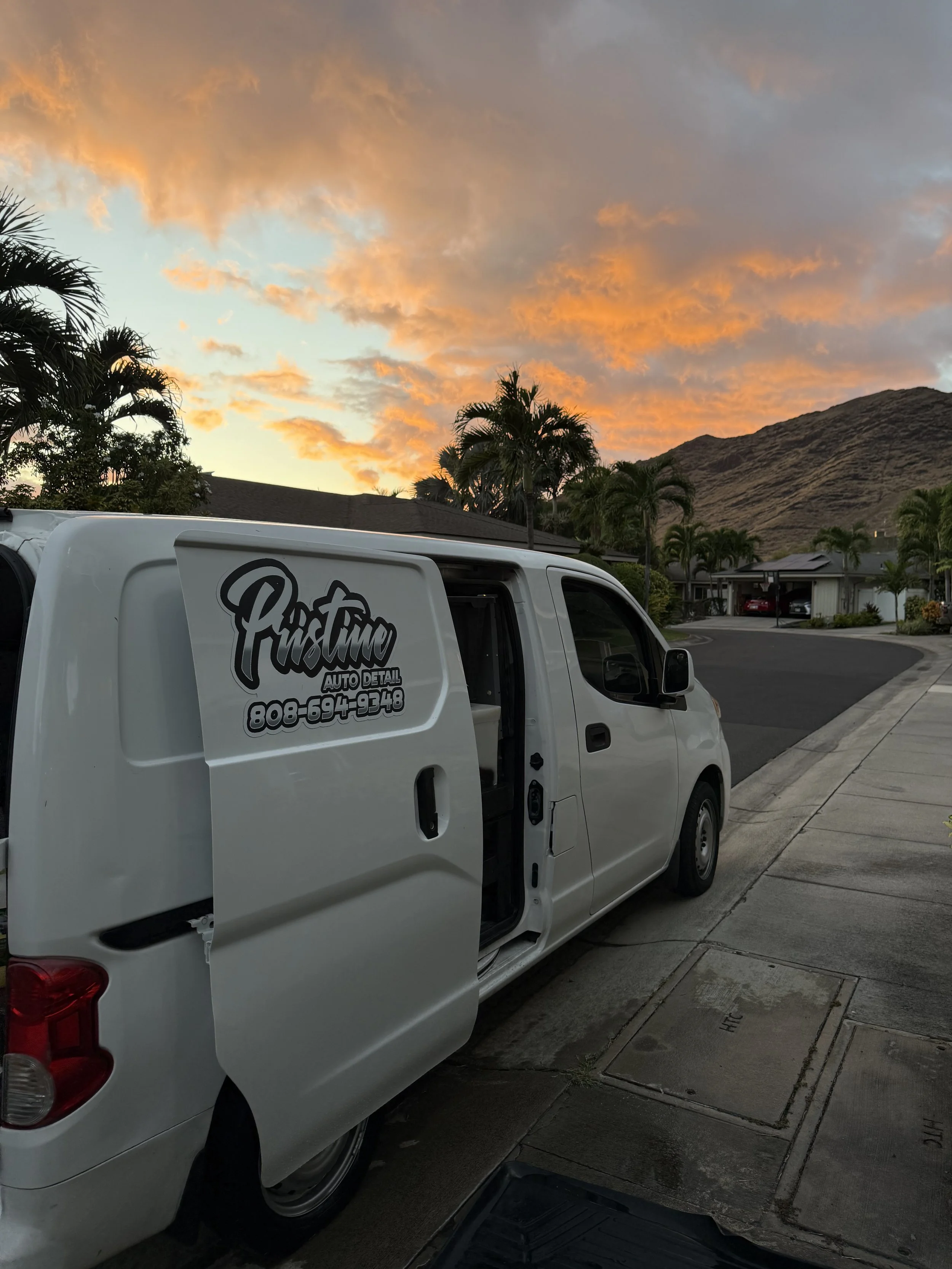 White cargo van parked on the side of a residential street during a sunset with orange and yellow clouds, palm trees, houses, and a mountain in the background.