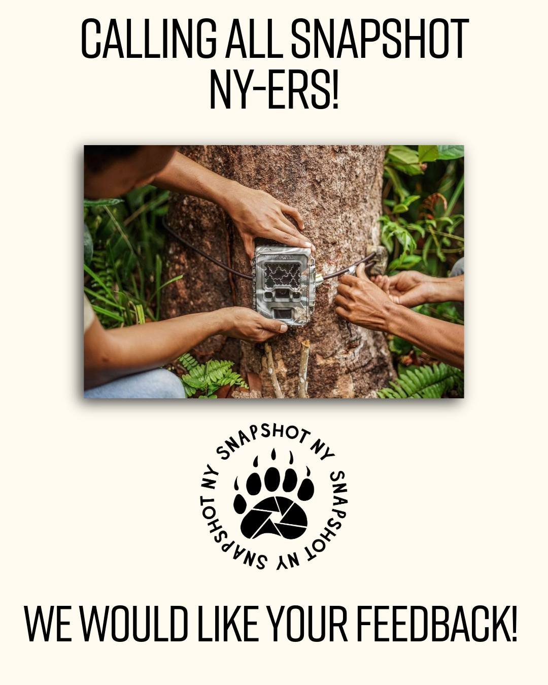 🐾 Calling all Snapshot NY-ers! 🦌

We want to hear from you! Why did you decide to join Snapshot NY? Are you a hunter, trapper, or passionate about wildlife in other ways? 

Please take a few minutes to complete our quick survey &mdash; it helps us 
