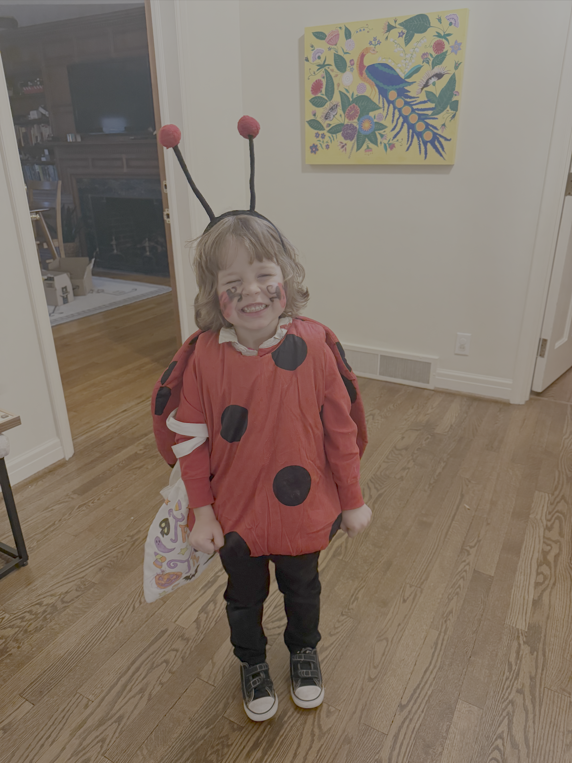 Adult and child in homemade cardboard airplane costumes inside a house with large windows.