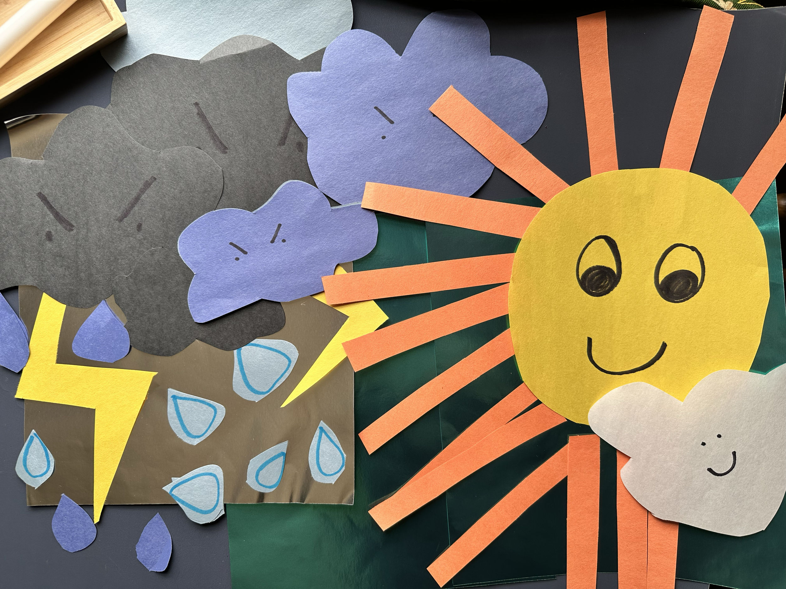 A collage of colorful paper cutouts depicting a stormy cloud with rain and lightning on the left and a bright smiling sun with rays on the right.
