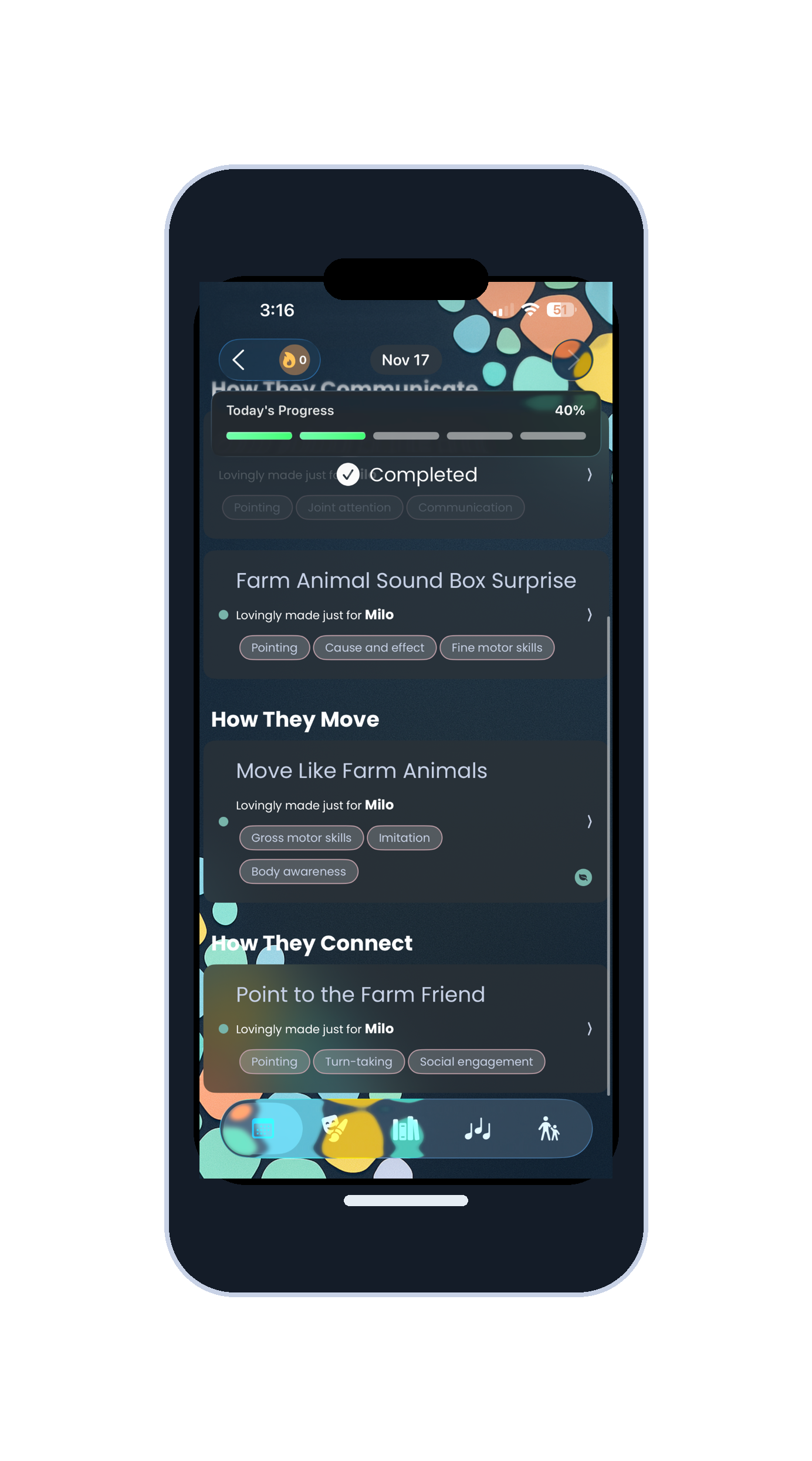 Mobile app screen showing progress and activities related to animal communication training for children, including tasks like farm animal sound imitation and pointing.