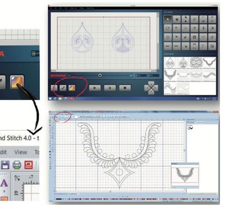 Computer screen showing Art & Stitch quilting software with digital quilting designs and layout tools used for longarm machines