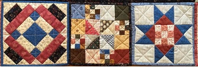 Civil War–style quilt blocks showing traditional patchwork patterns used in quilt-as-you-go quilting techniques.