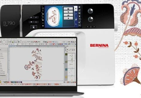 BERNINA embroidery machine and laptop displaying BERNINA Embroidery Software 9 with digital embroidery designs on screen.