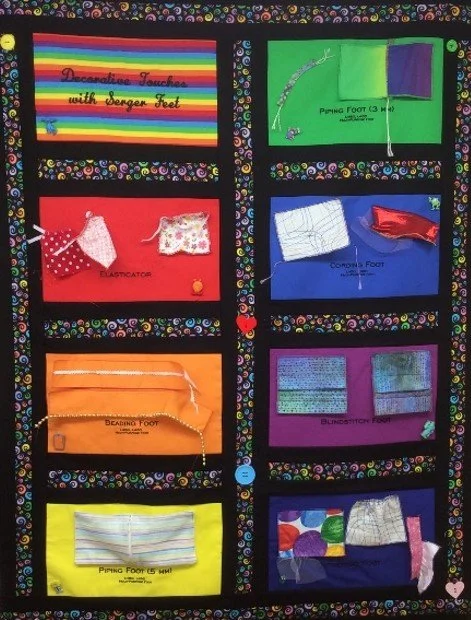 Sampler board showing serger presser foot techniques, including piping, cording, elastic insertion, and decorative stitching samples.