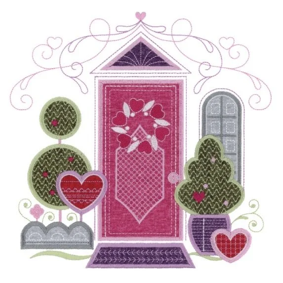 OESD Doors Block of the Month embroidery project featuring a decorative quilted door with heart and floral applique details