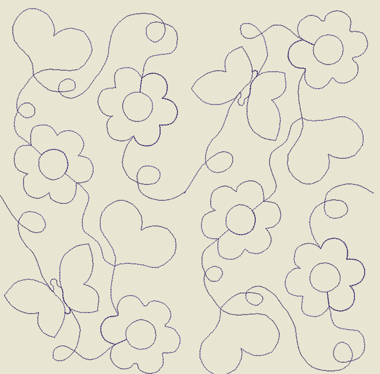 Edge-to-edge quilting design with continuous floral, butterfly, and heart pattern used for machine embroidery quilting