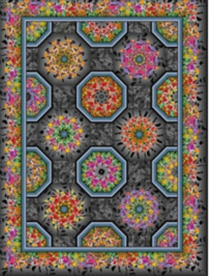 Colorful kaleidoscope quilt featuring intricate geometric blocks with vibrant floral patterns in pink, orange, green, and blue against a dark background, framed by a decorative border.