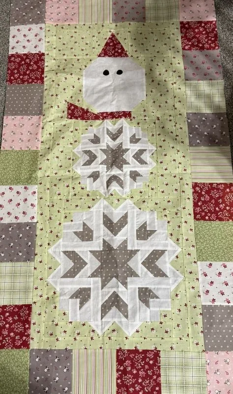 Vertical quilted snowman wall hanging featuring a white snowman with a red hat, decorative gray snowflake blocks, and patchwork borders in red, green, and cream.