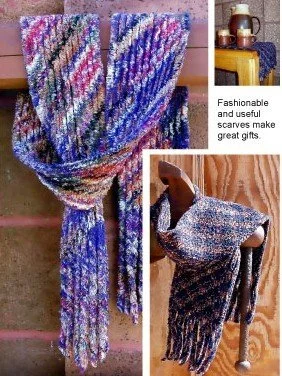 Colorful handmade faux chenille scarf featuring soft, textured fabric strips in shades of purple, blue, pink, and white, with smaller photos showing scarf-making details.