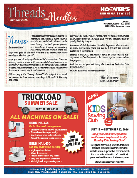 Hoover's Bernina Sew Summer 2026 Threads and Needles newsletter featuring store news, a truckload summer sale, and the new Kids Sewing Club
