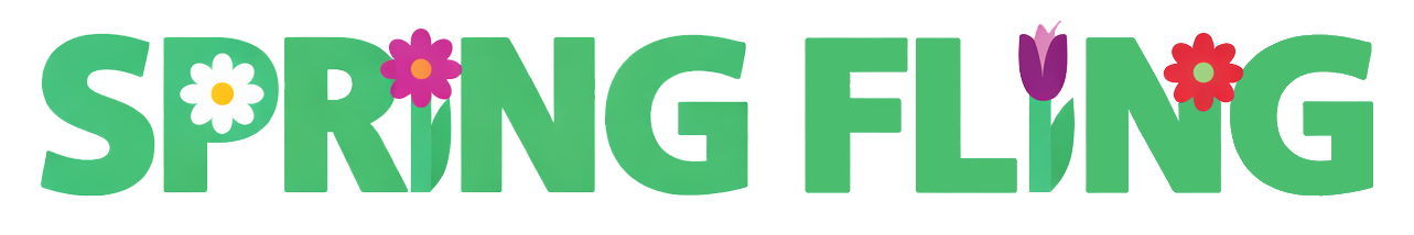 Playful green letters stating "SPRING FLING" decorated with a variety of fun spring flowers.
