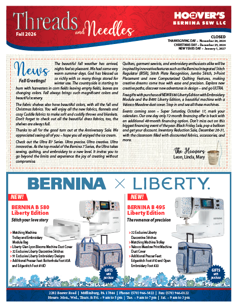 Image of the front page of the Hoover's Fall Newsletter, featuring BERNINA new product announcements and more!