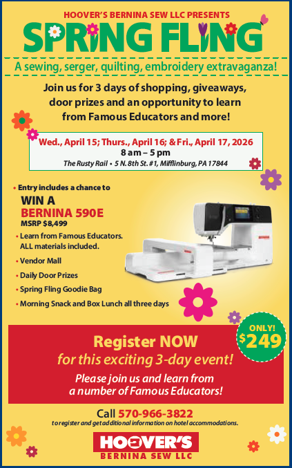 Spring Fling event poster promoting a three-day sewing, quilting, serger, and embroidery event hosted by Hoover’s BERNINA Sew LLC, featuring classes, giveaways, and a BERNINA 590E prize.