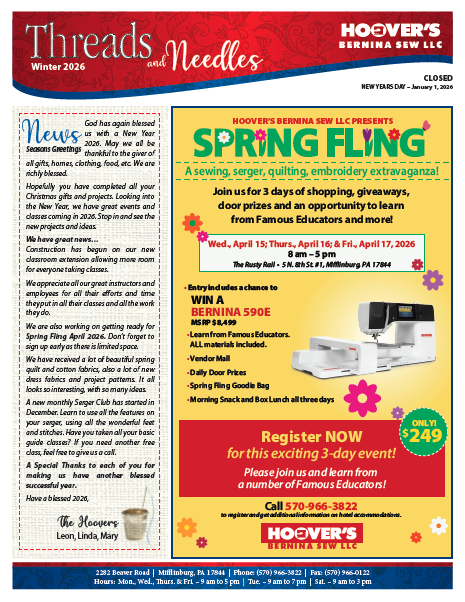 Hoover’s BERNINA Sew LLC Winter 2026 newsletter featuring the Spring Fling sewing event, with dates, class details, giveaways, and a BERNINA sewing machine promotion.