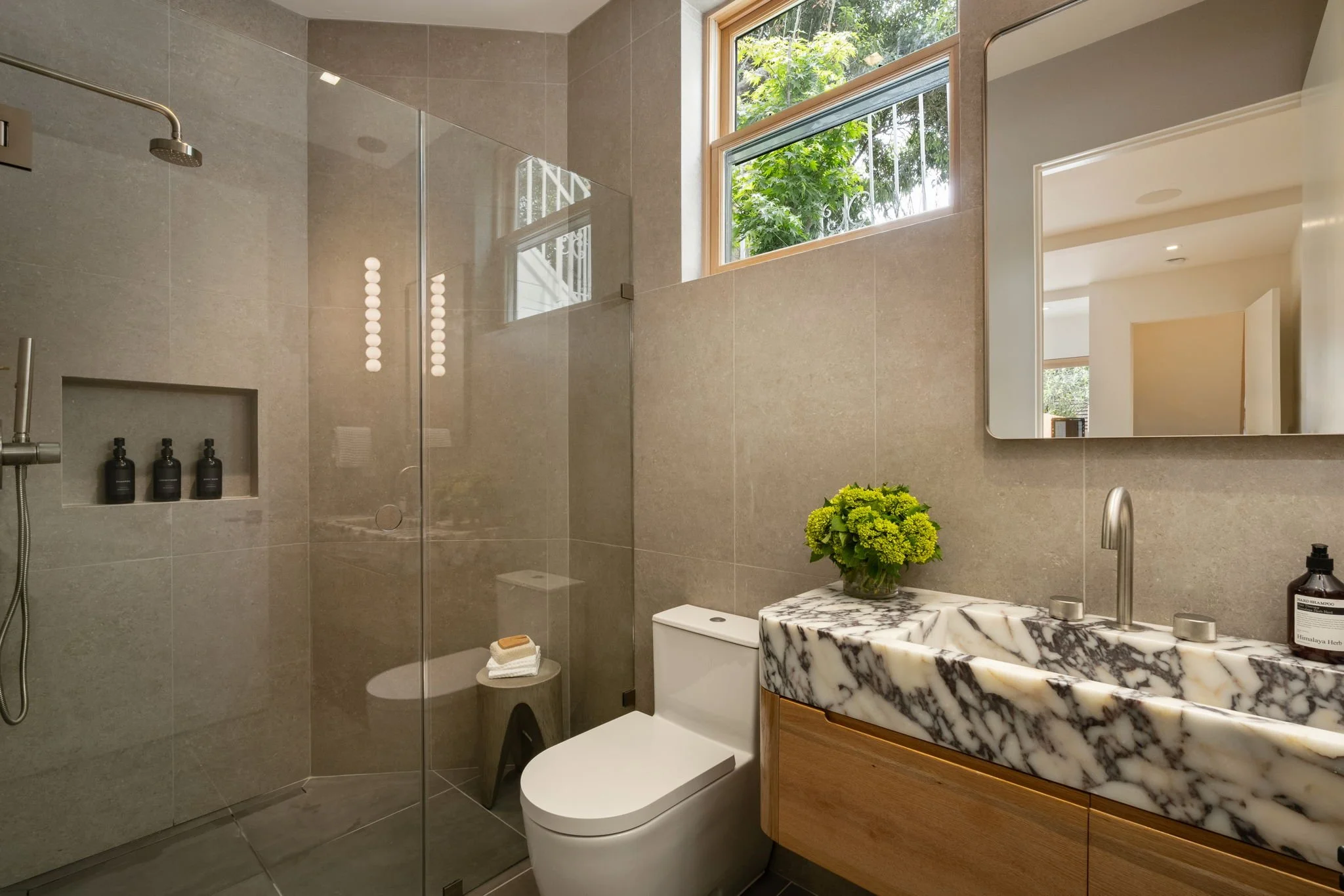 Modern bathroom with a glass-enclosed shower, marble countertop with sink, toilet, and potted plant.