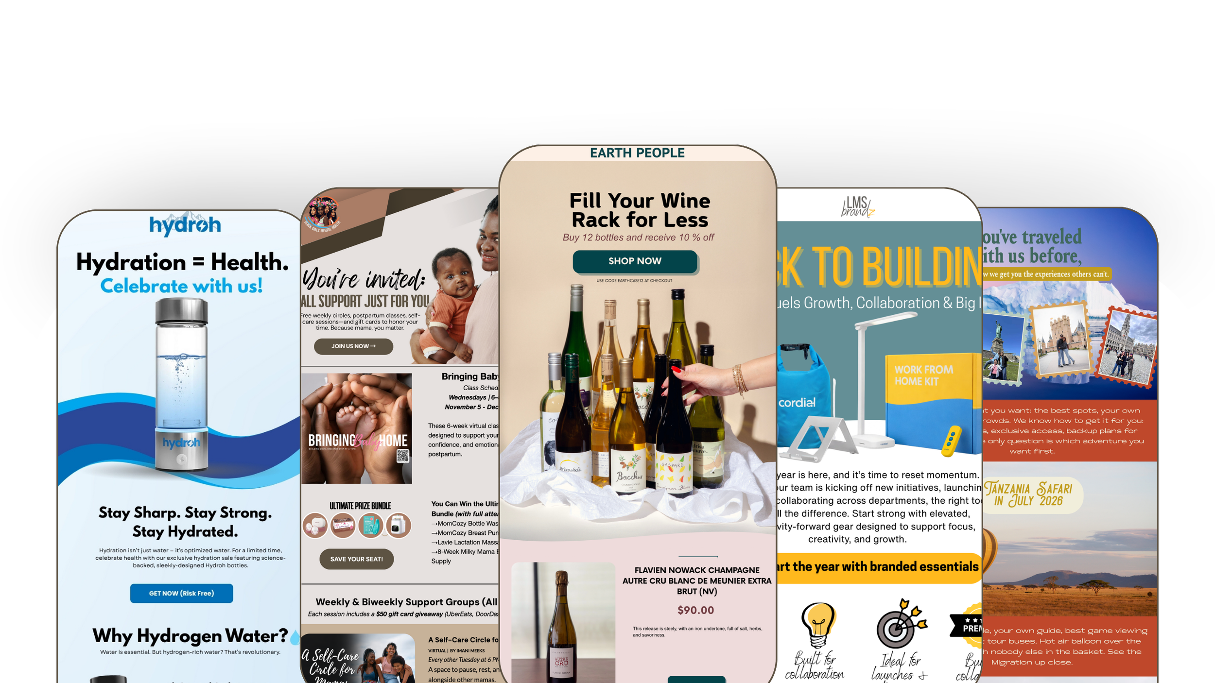 A collage of five different promotional flyers featuring health, support, wine, workspace, and travel themes.