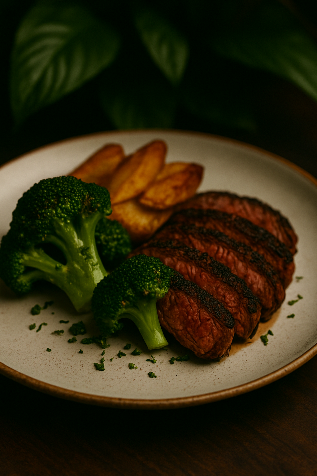 Grilled steak with crosshatch marks, steamed broccoli, and potato wedges on a ceramic plate.