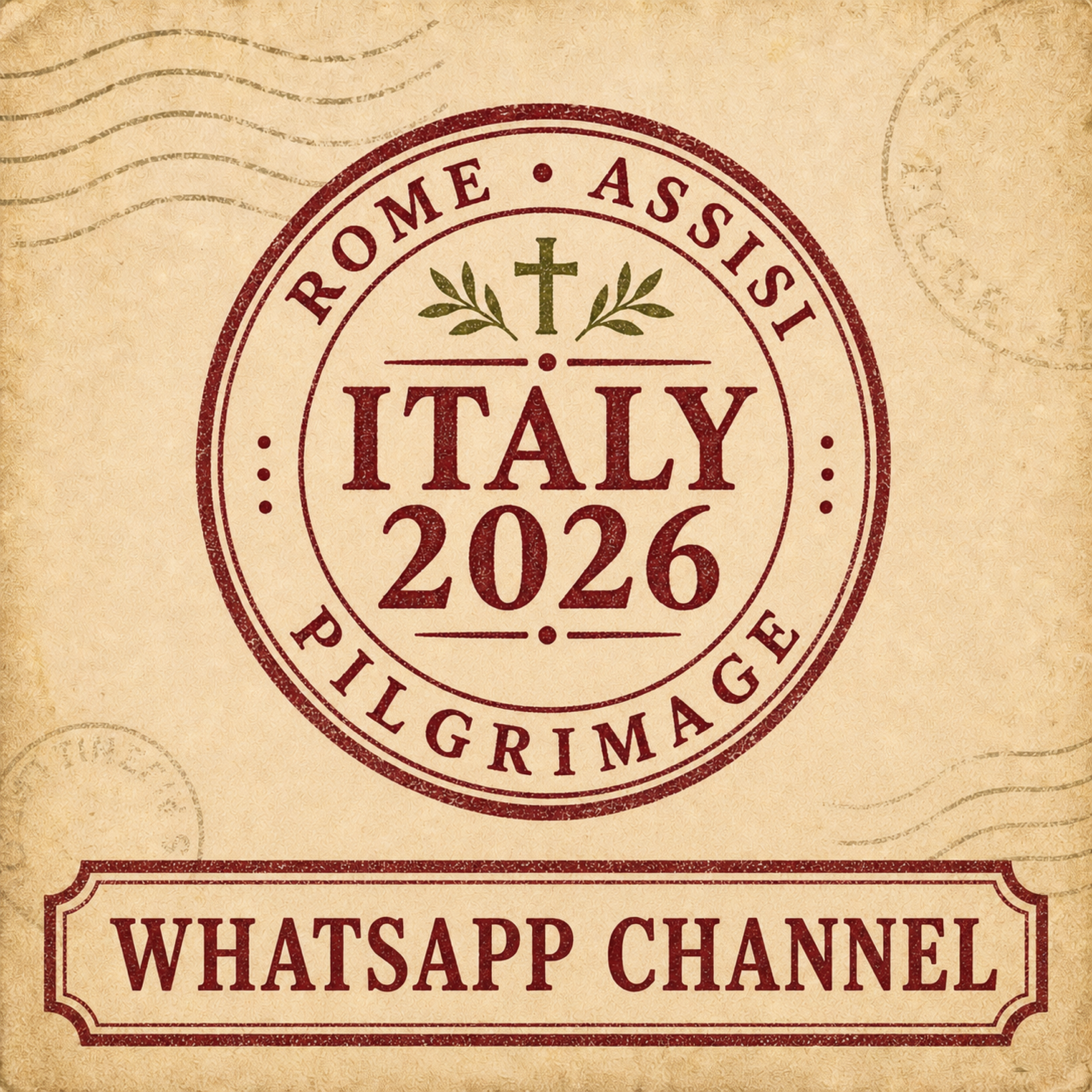 Vintage-style paper with a postmark pattern and a circular badge stating "Rome, Assisi, Italy, 2026" with a cross and olive branches in the center, referencing a religious or travel theme related to Italy.