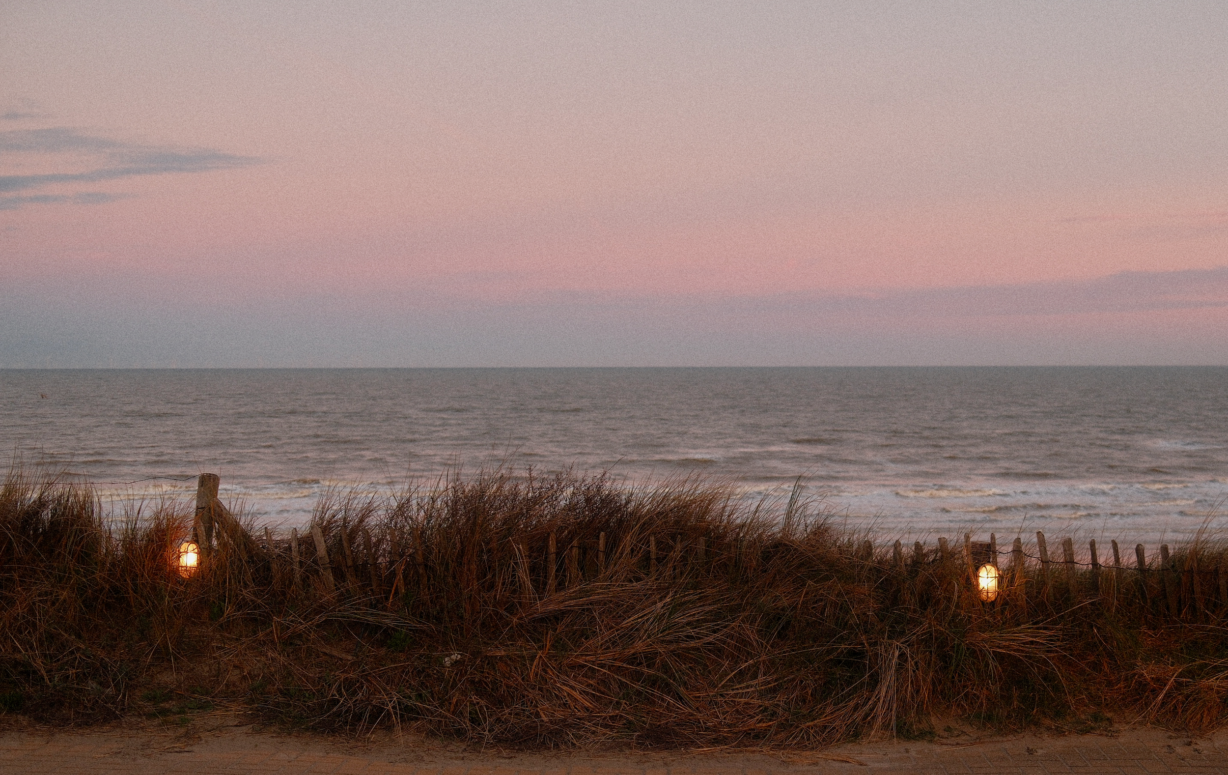blick über dünen und strand bei zandvoort auf die nordsee in der dämmerung, mit warmen kleinen lichtern im gras und rosa-grauem himmel.