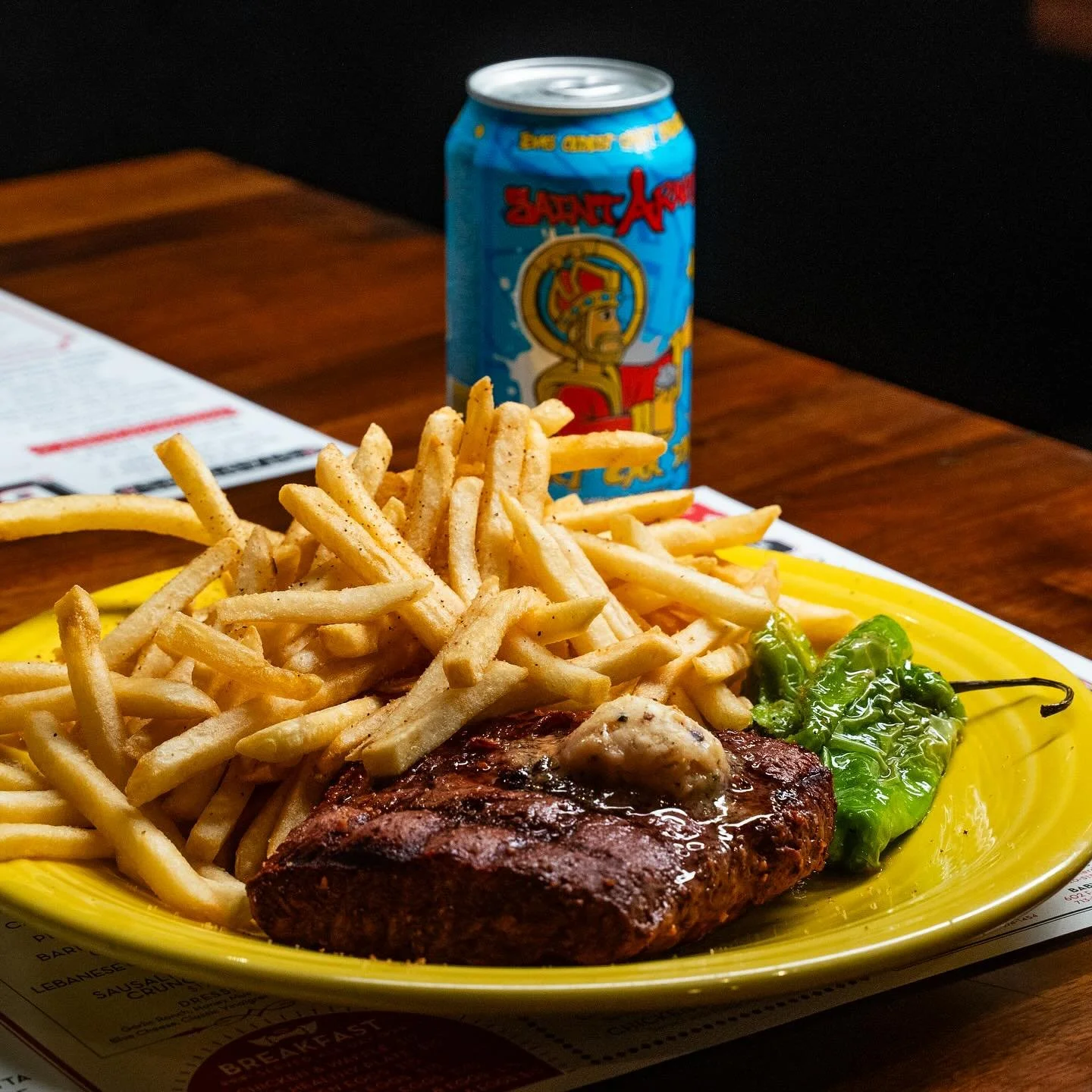 Come on by for a steak dinner- without the steakhouse energy. Just you, some fries, and a can of good decisions 🍻