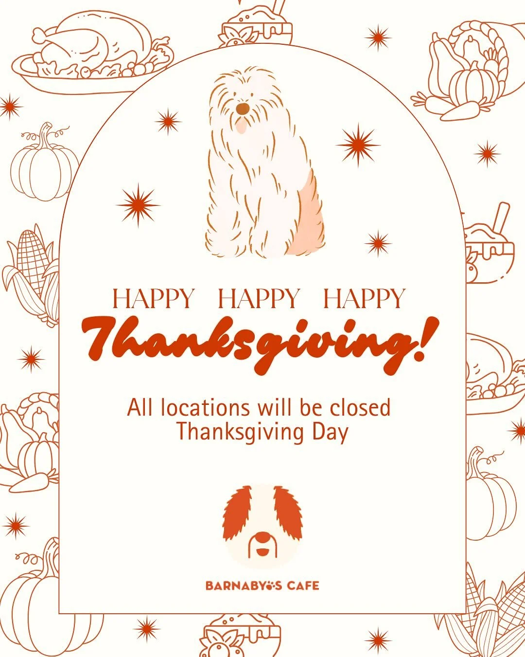 Gobble, gobble! 🦃  Happy Thanksgiving, friends! Barnaby&rsquo;s will be back to normal hours Friday&hellip; except Downtown, which will reopen Monday. Enjoy the holiday with your favorite people + pups! 🐶