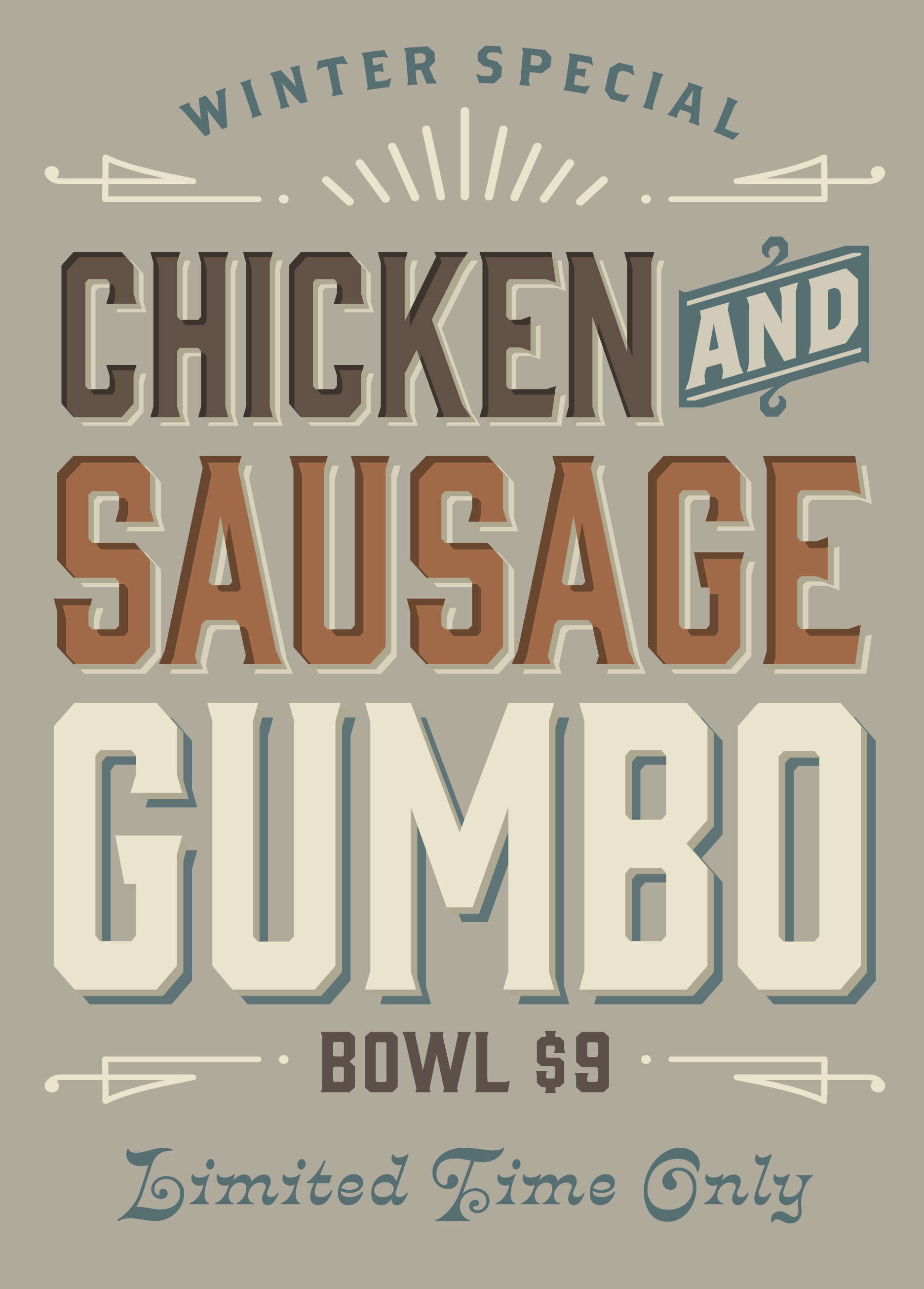 Sign advertising a winter special with chicken and sausage gumbo for $9 a bowl, limited time only.