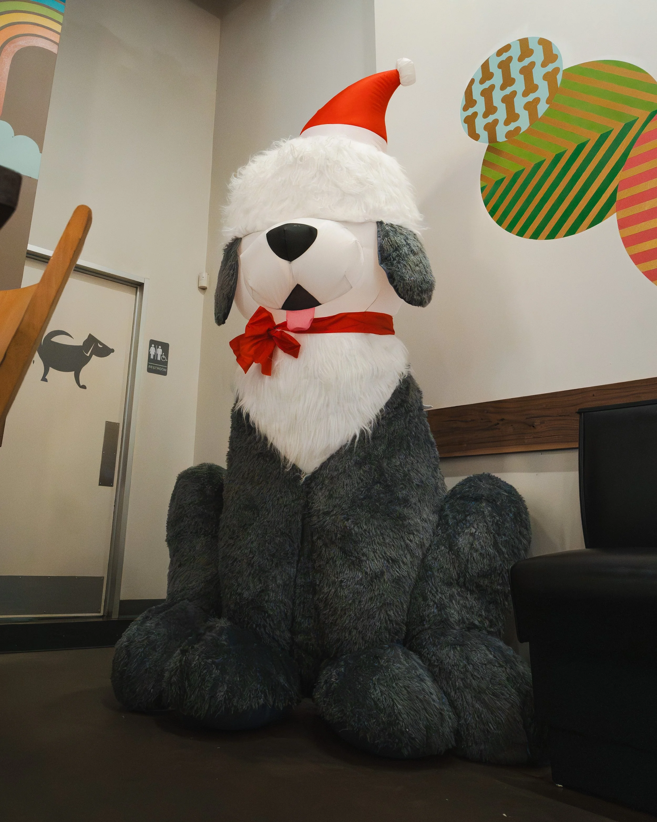 Large stuffed dog mascot wearing a Santa hat and red bow tie sitting indoors beside a black chair and a wall with colorful abstract shapes.