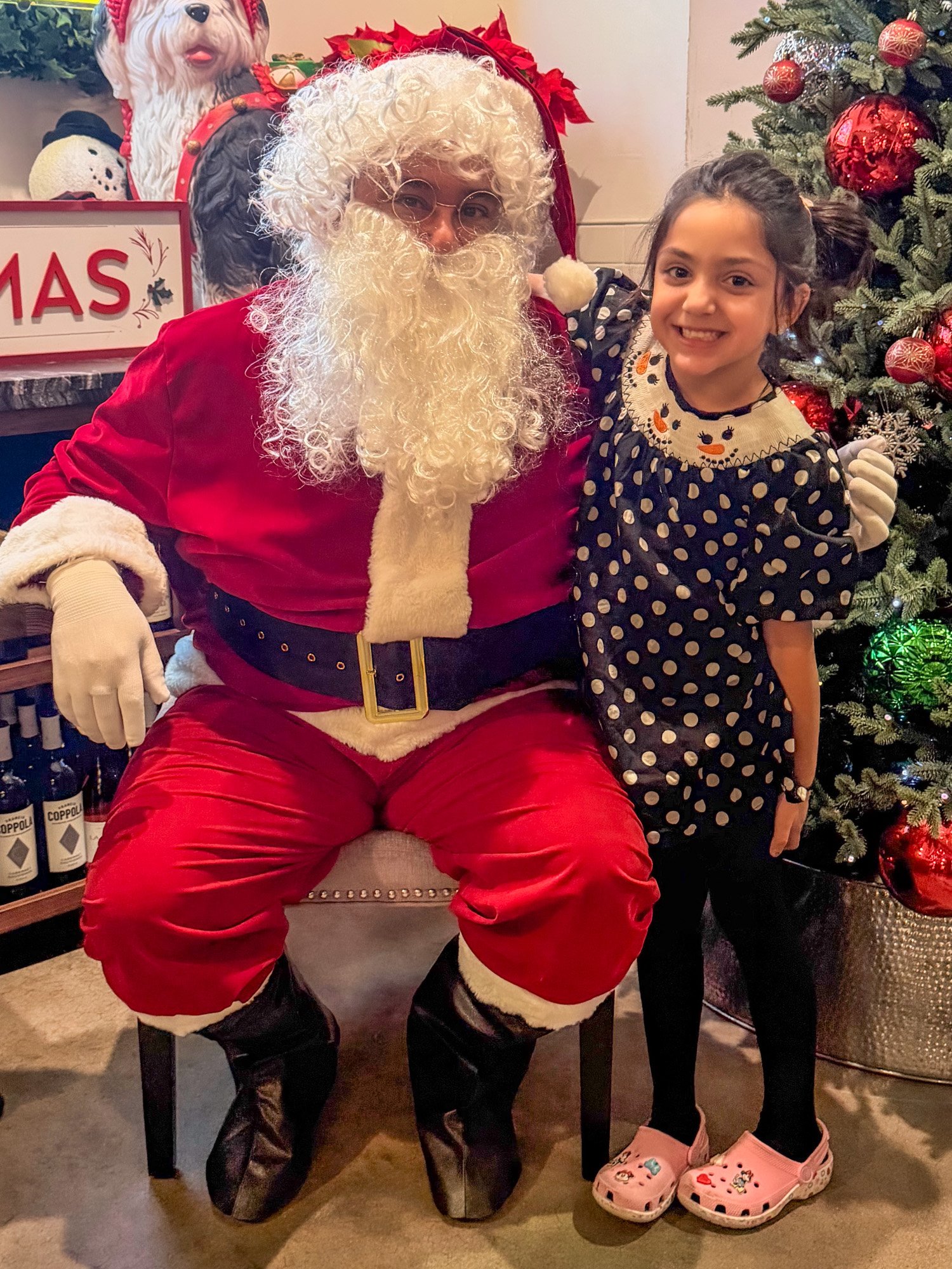 A young girl dressed in a black polka dot dress and pink shoes stands next to a person dressed as Santa Claus, both smiling, in front of a decorated Christmas tree.