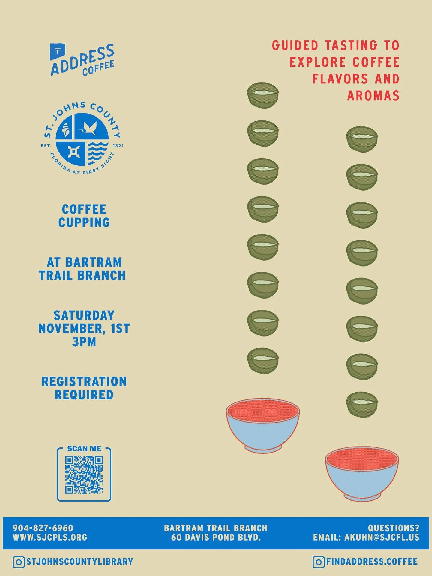 BEGINNER COFFEE CUPPING

We&rsquo;re back at the @stjohnscountylibrary ! 

NOV, 1 &bull; 3PM
at St. John&rsquo;s County Public Library &ndash; Bartram Trail Branch

Join us to learn how coffees are tasted and compared in a guided, hands-on session ma