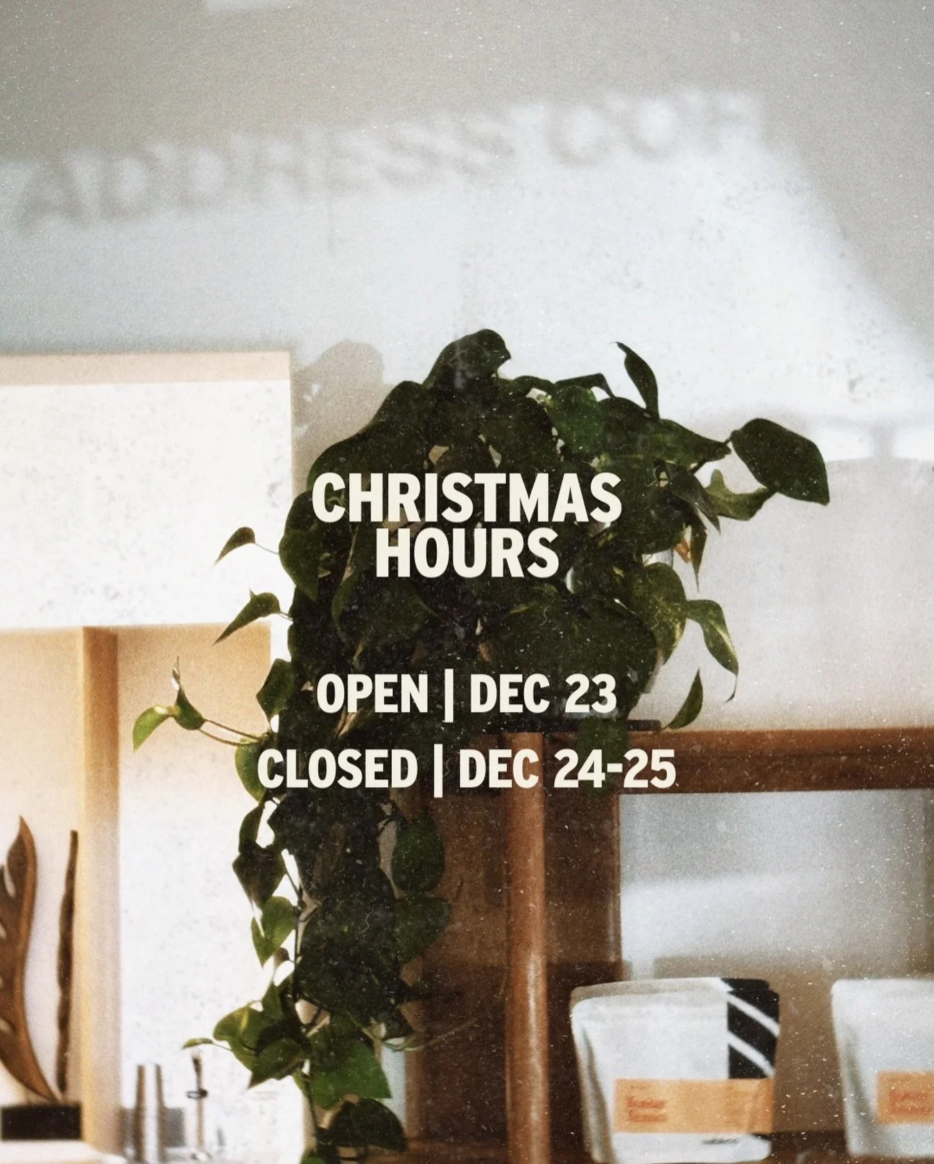 Our Christmas Hours

OPEN: TUESDAY 12/23
CLOSED: CHRISTMAS EVE AND CHRISTMAS DAY 12/24-25

Happy Holidays! 🎄
