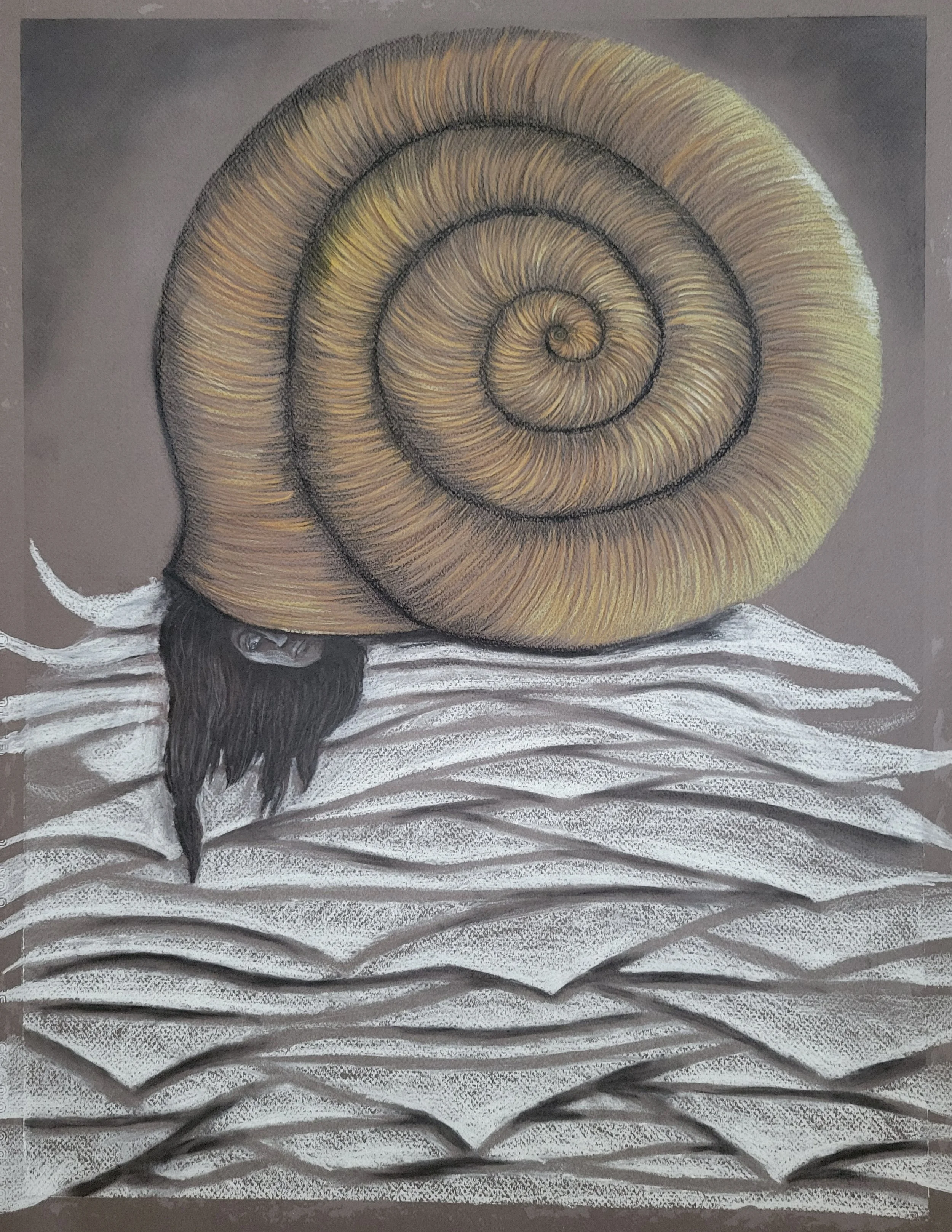 "A Most Grotesque Transformation" is a charcoal and colored pencil drawing on paper. 