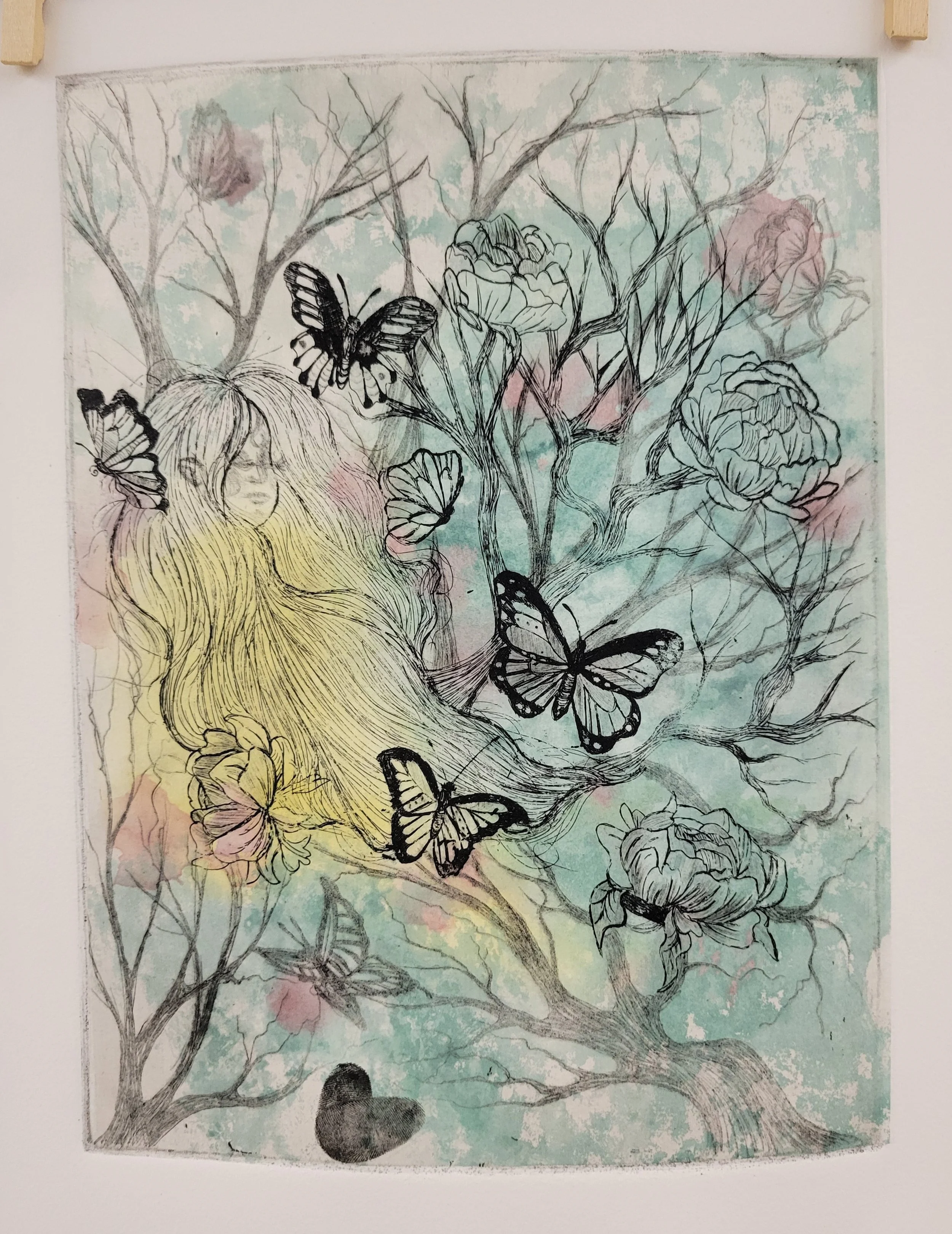 "Daughter" is an intaglio print over a digitally printed watercolor.