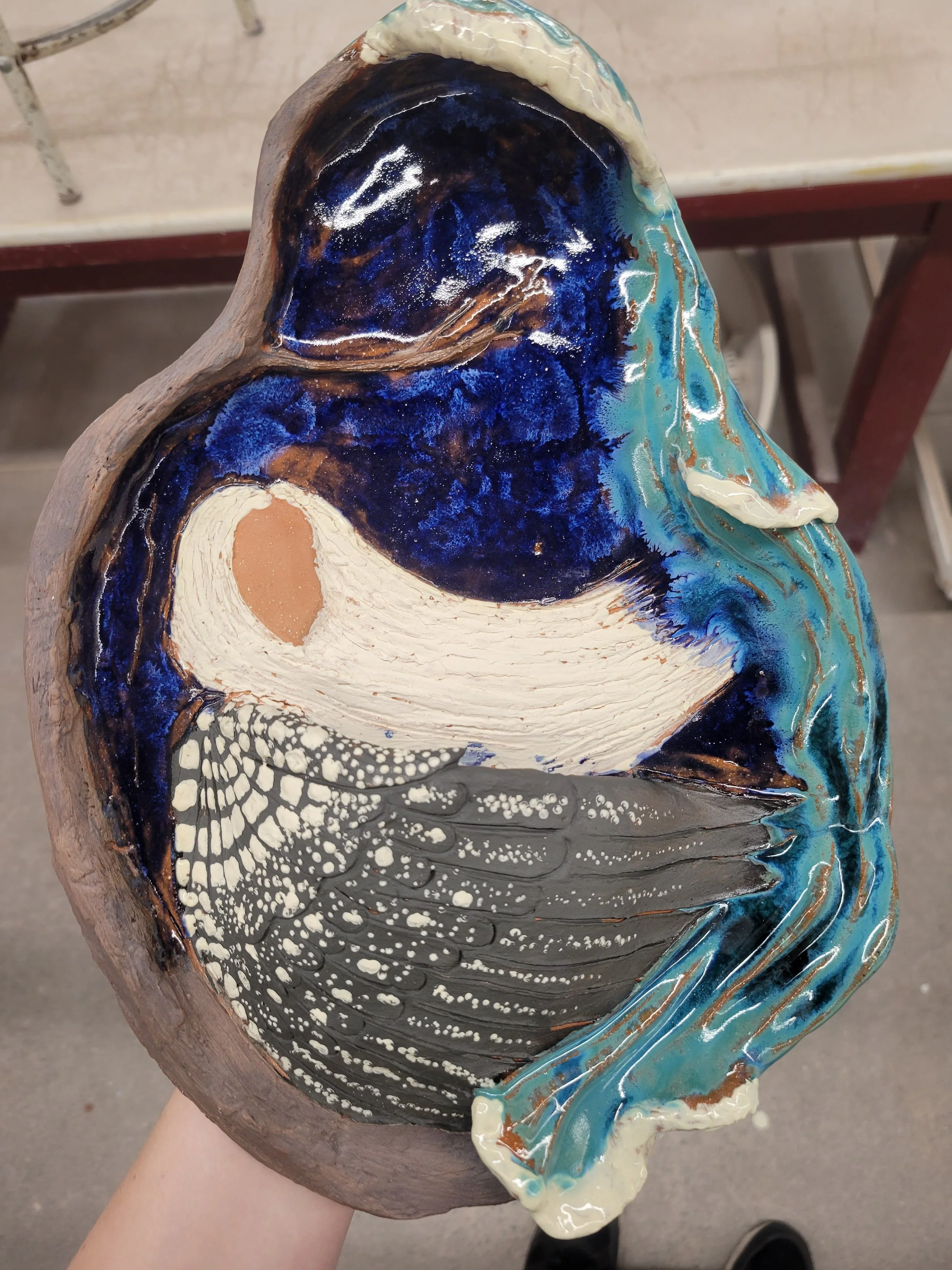 "Northern Witch of the Woods (For Lisa)" is a ceramic earthenware piece with slips and glazes