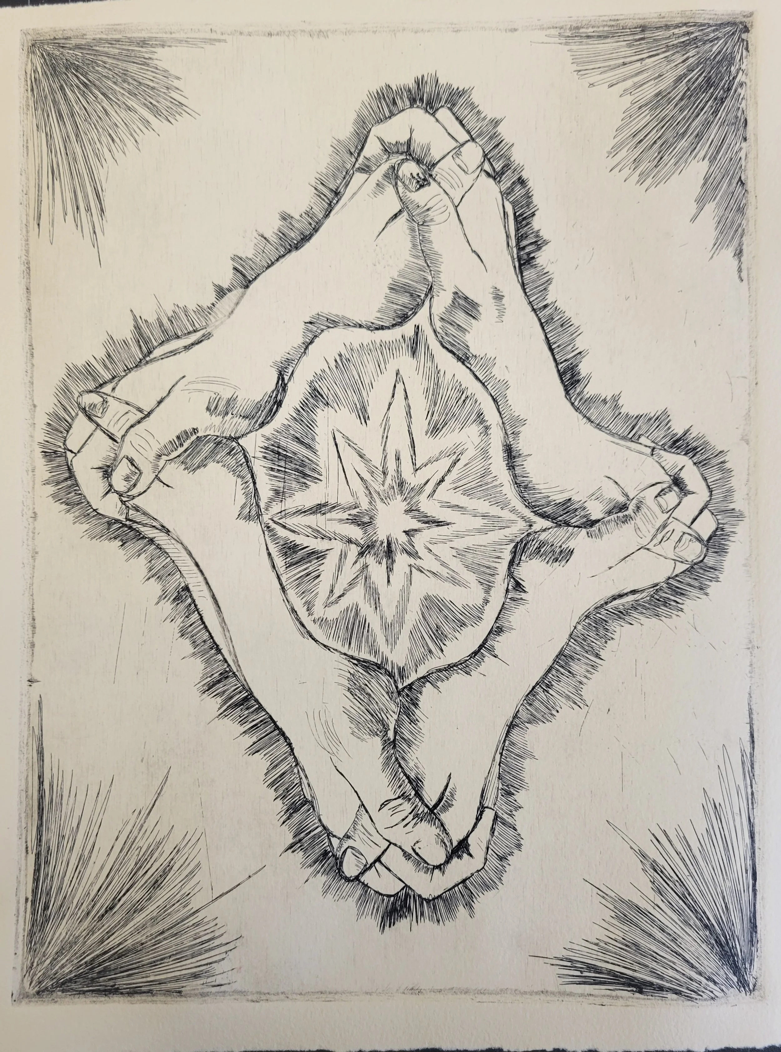 "There For Each Other" is an intaglio acid etching piece on traditional printmaking paper.