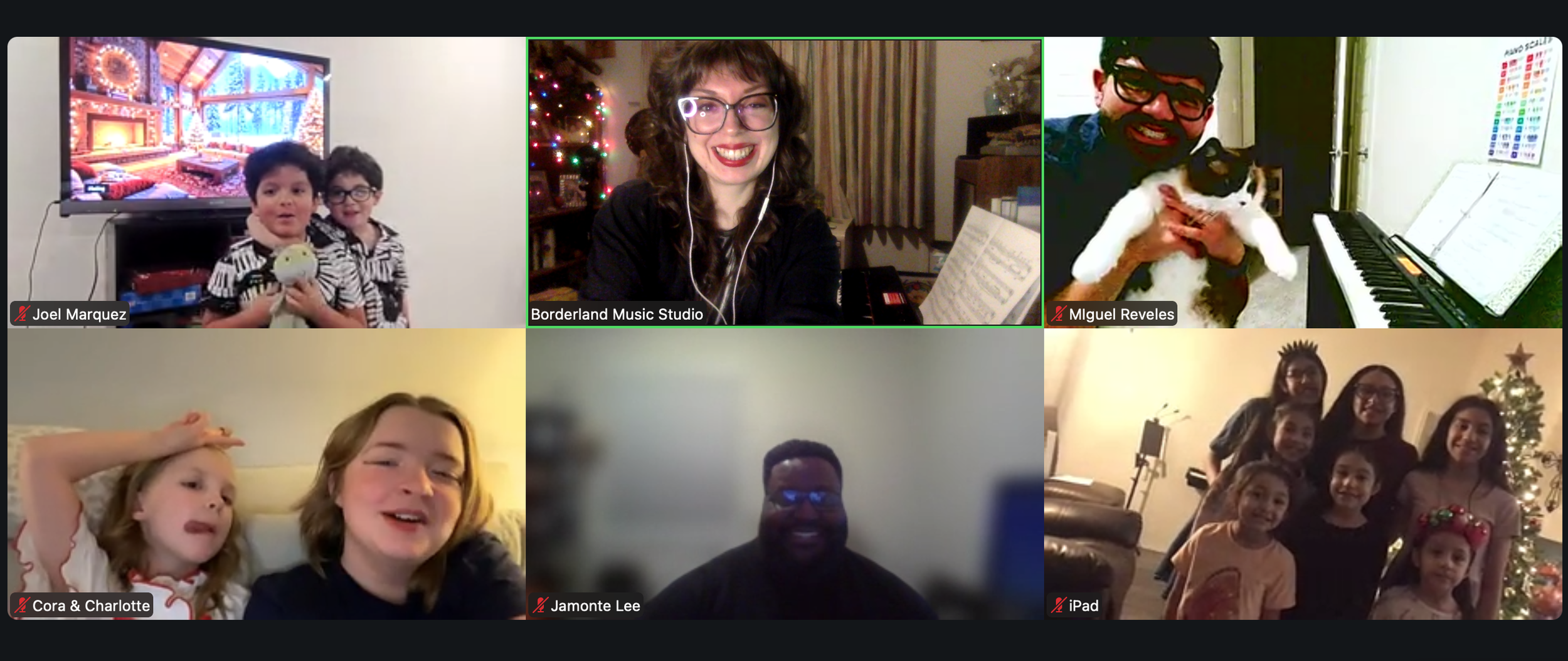 Online piano studio recital showing piano students and piano teacher smiling on zoom