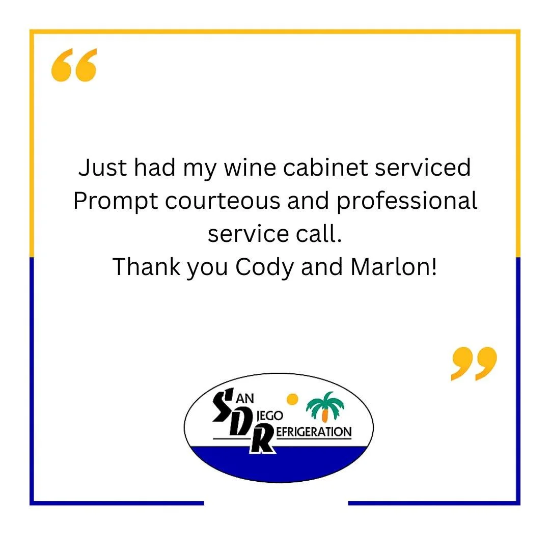 🍷 Keeping wine collections perfectly chilled! 🍷
We recently serviced a wine cabinet, and here&rsquo;s what the customer had to say:
&ldquo;Prompt, courteous, and professional service call. Thank you Cody and Marlon!&rdquo;

At San Diego Refrigerati