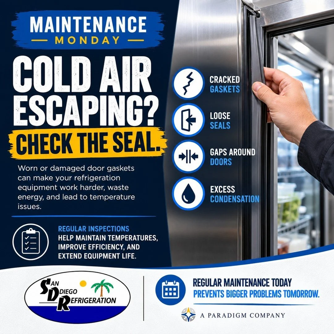 Maintenance Monday! 
Is your cold air escaping? Worn or damaged door gaskets can make refrigeration equipment work harder, waste energy, and make it more difficult to maintain proper temperatures.
Regularly checking for cracks, loose seals, gaps, and