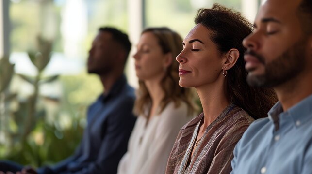 Four people sitting with eyes closed and peaceful expressions in a calming setting