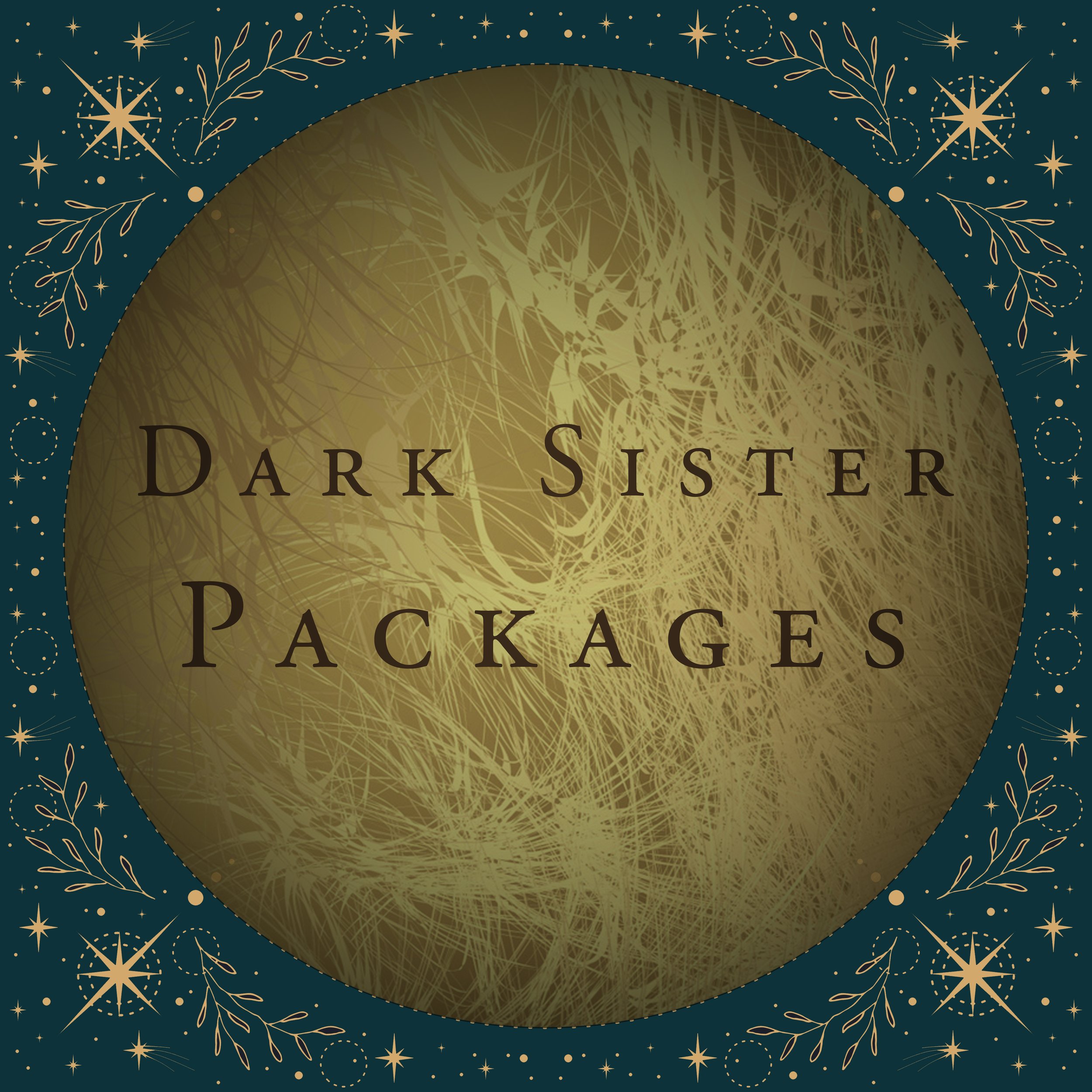 Dark Sister Packages graphic with a large gold moon textured center surrounded by teal and gold celestial botanical motifs.