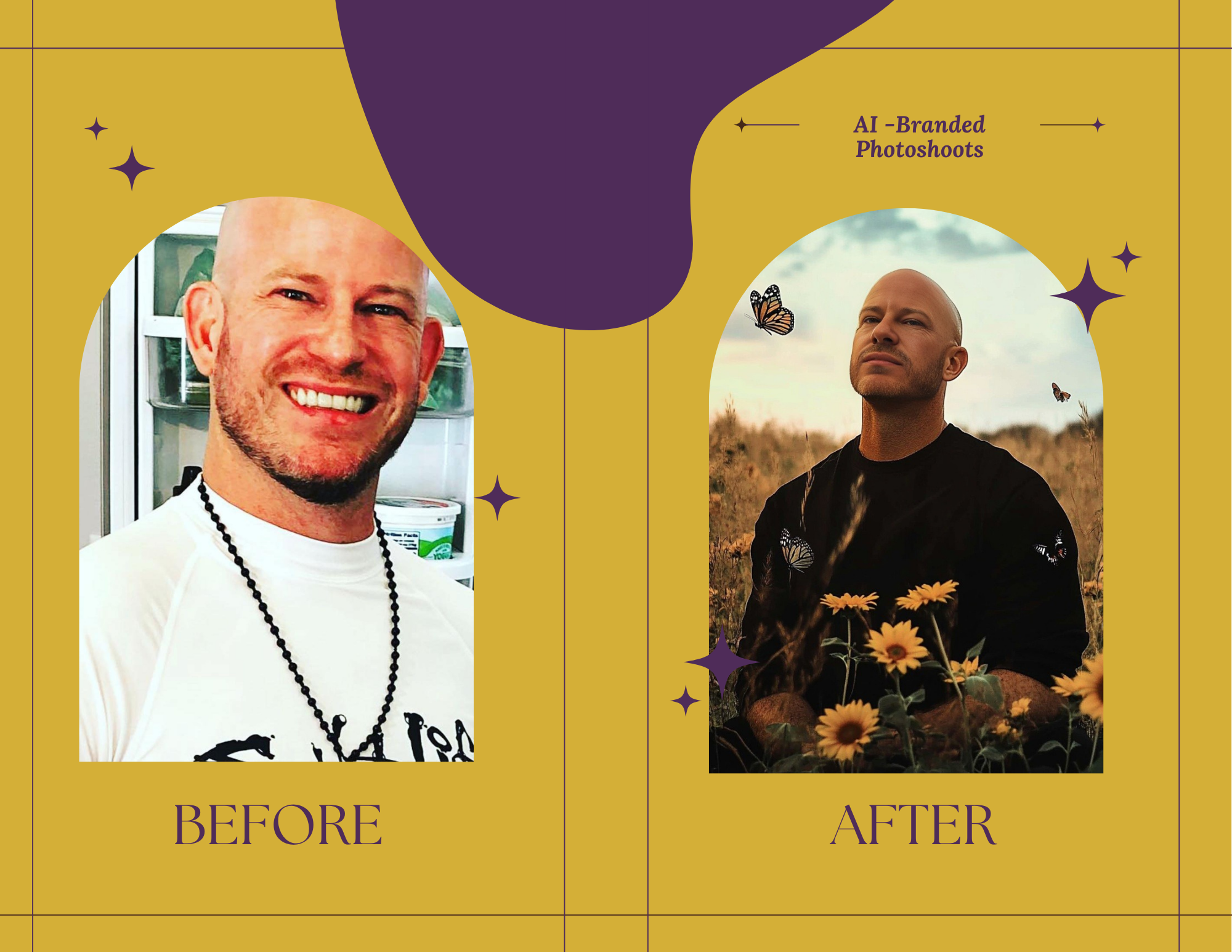 AI-enhanced personal brand photo transformation of a man, reimagined from a casual kitchen selfie to a cinematic outdoor portrait surrounded by butterflies in a sunflower field.