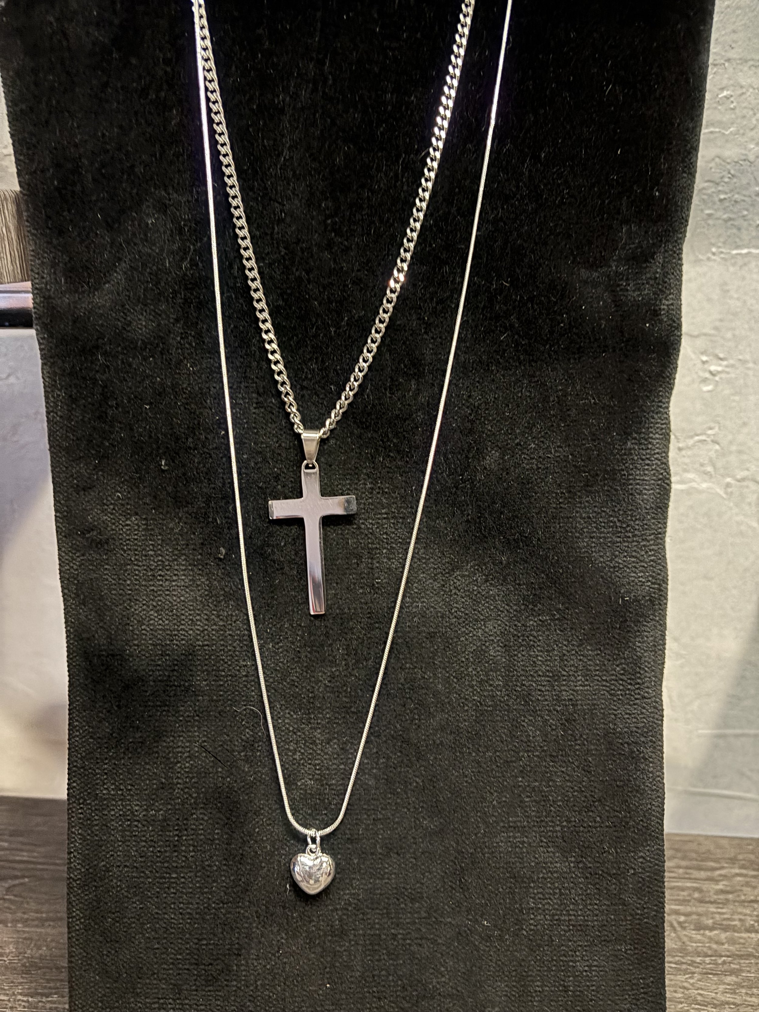 Double Chain Heart and Cross Necklace